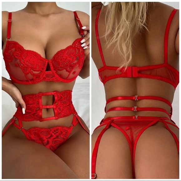 ❤️ NEW embroidery mesh underwire garter lingerie set - Picture 1 of 5